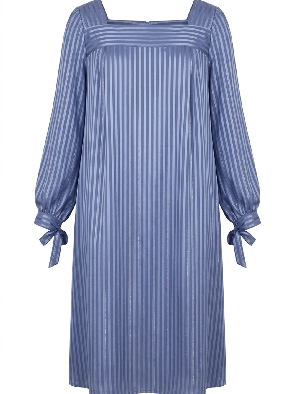 Vintage Blue Striped Square-Neck Long Sleeve Dress with Tie Cuffs